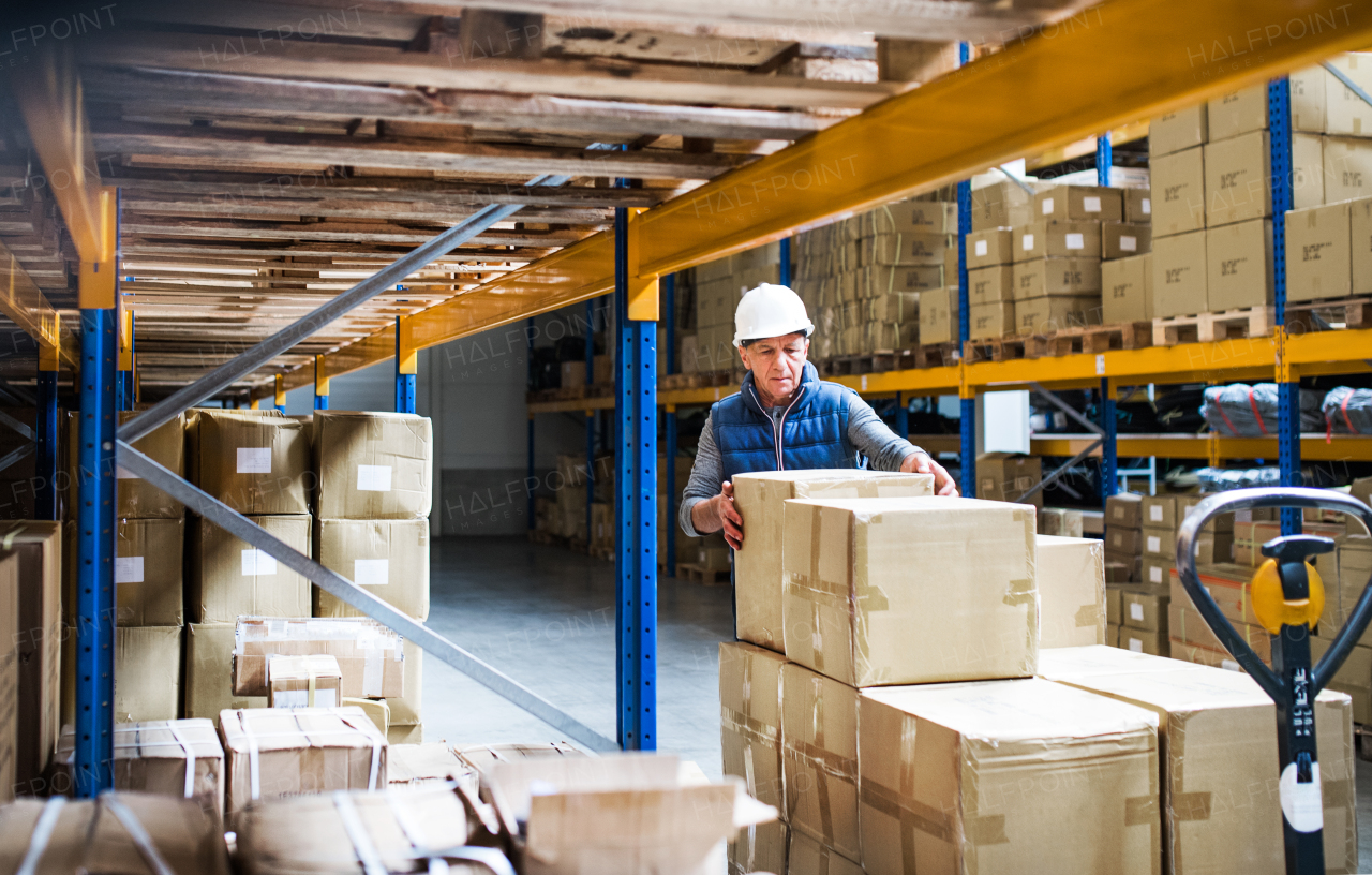 Senior male warehouse worker loading or unloading boxes from a pallet truck.