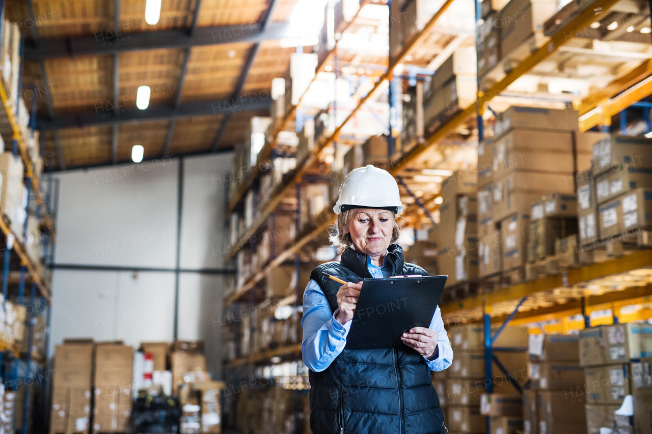 Senior woman warehouse manager or supervisor with a white helmet and clipboard, controlling stock.