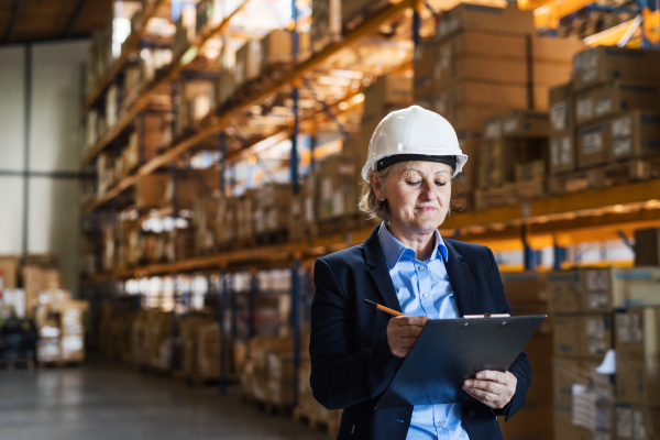 Senior woman warehouse manager or supervisor with a white helmet and clipboard, controlling stock.