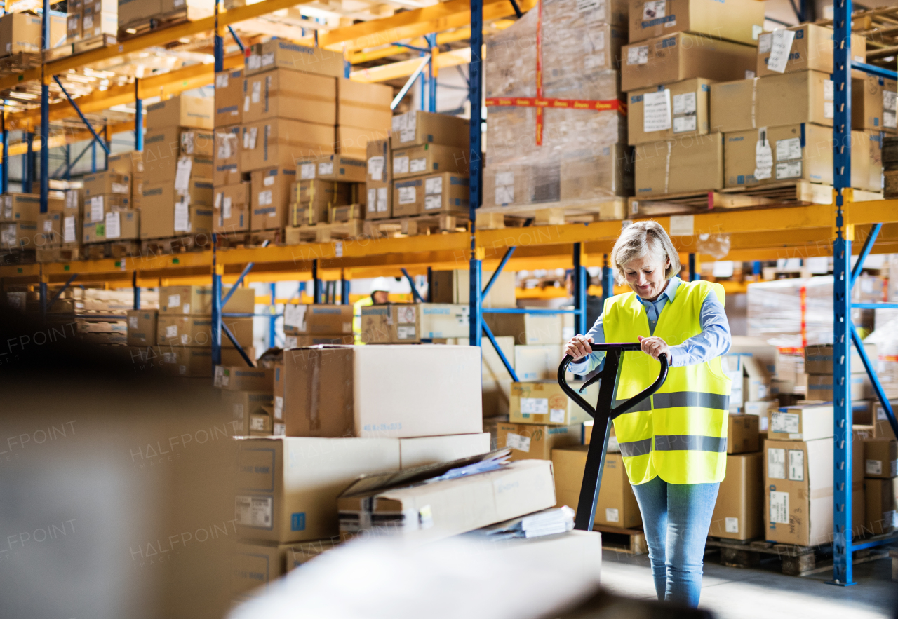 A senior woman warehouse worker or supervisor pulling a pallet truck with boxes.