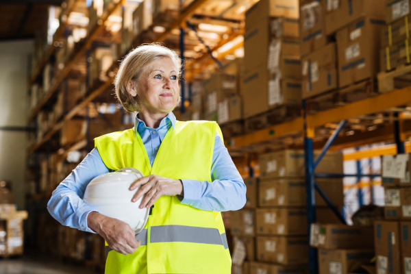 Portrait of a senior woman warehouse manager or supervisor holding a white helmet. Copy space.