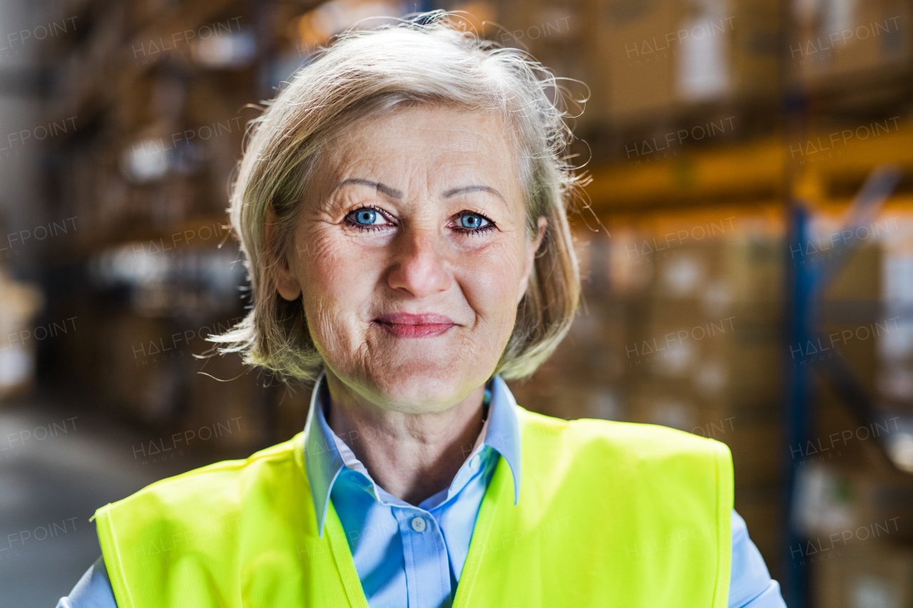 Portrait of a senior woman manager or supervisor with white helmet standing in a warehouse. Copy space.