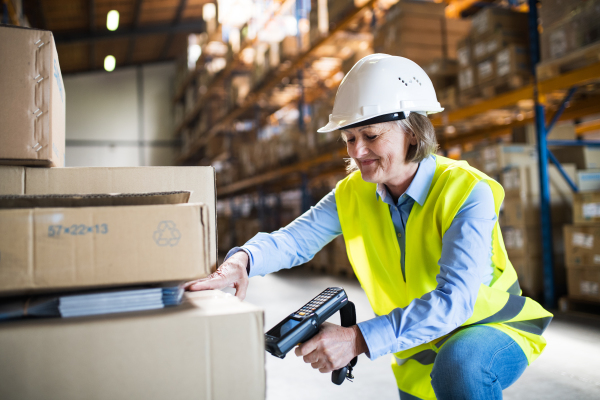 Senior warehouse woman worker or supervisor using a mobile handheld PC with barcode scanner.