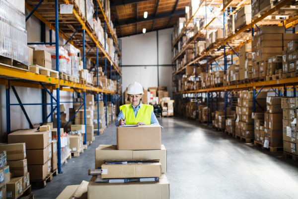 A senior woman warehouse worker or supervisor controlling a pallet truck with boxes.