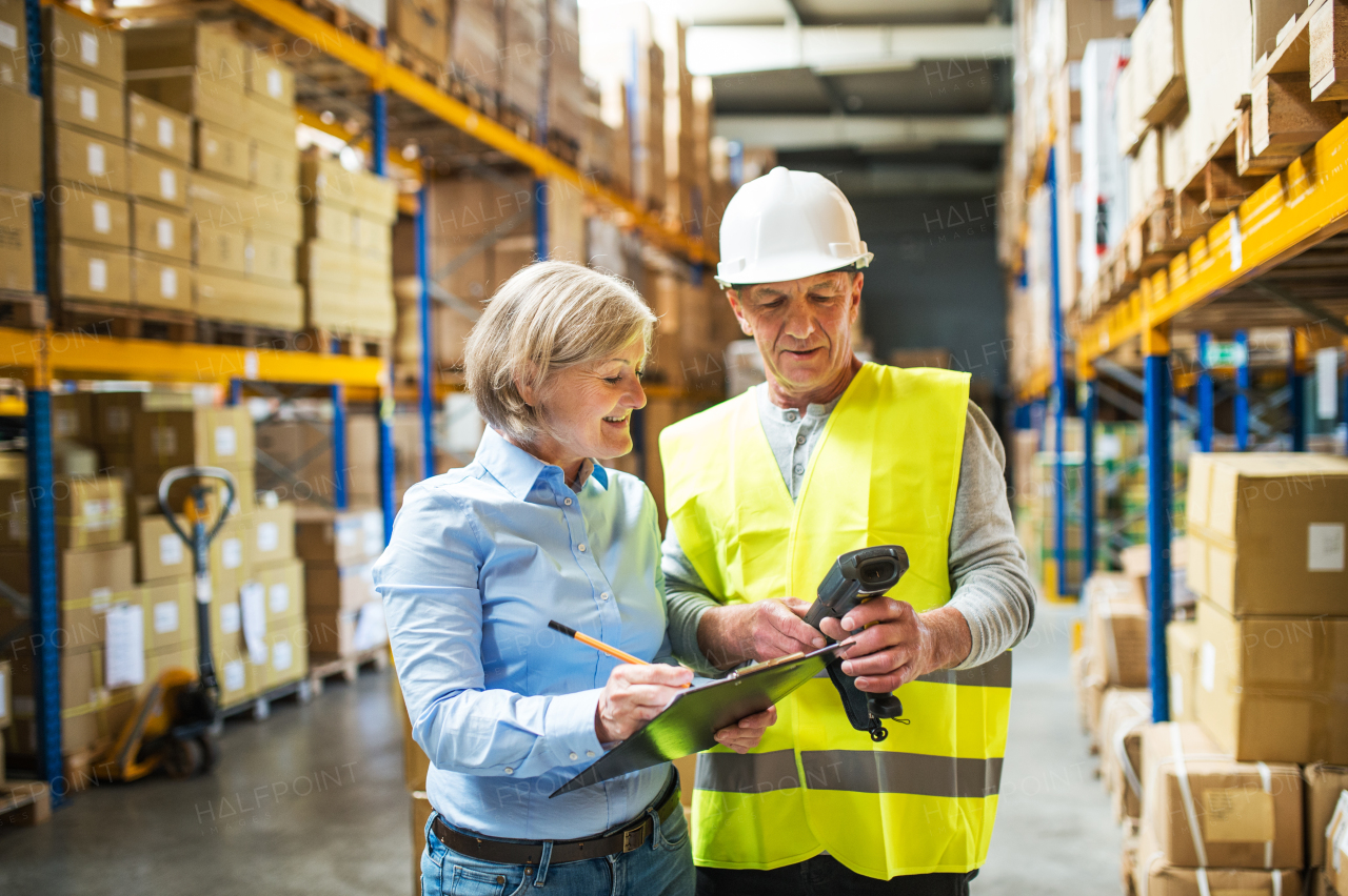 Senior woman manager and a man worker with barcode scanner working together in a warehouse.