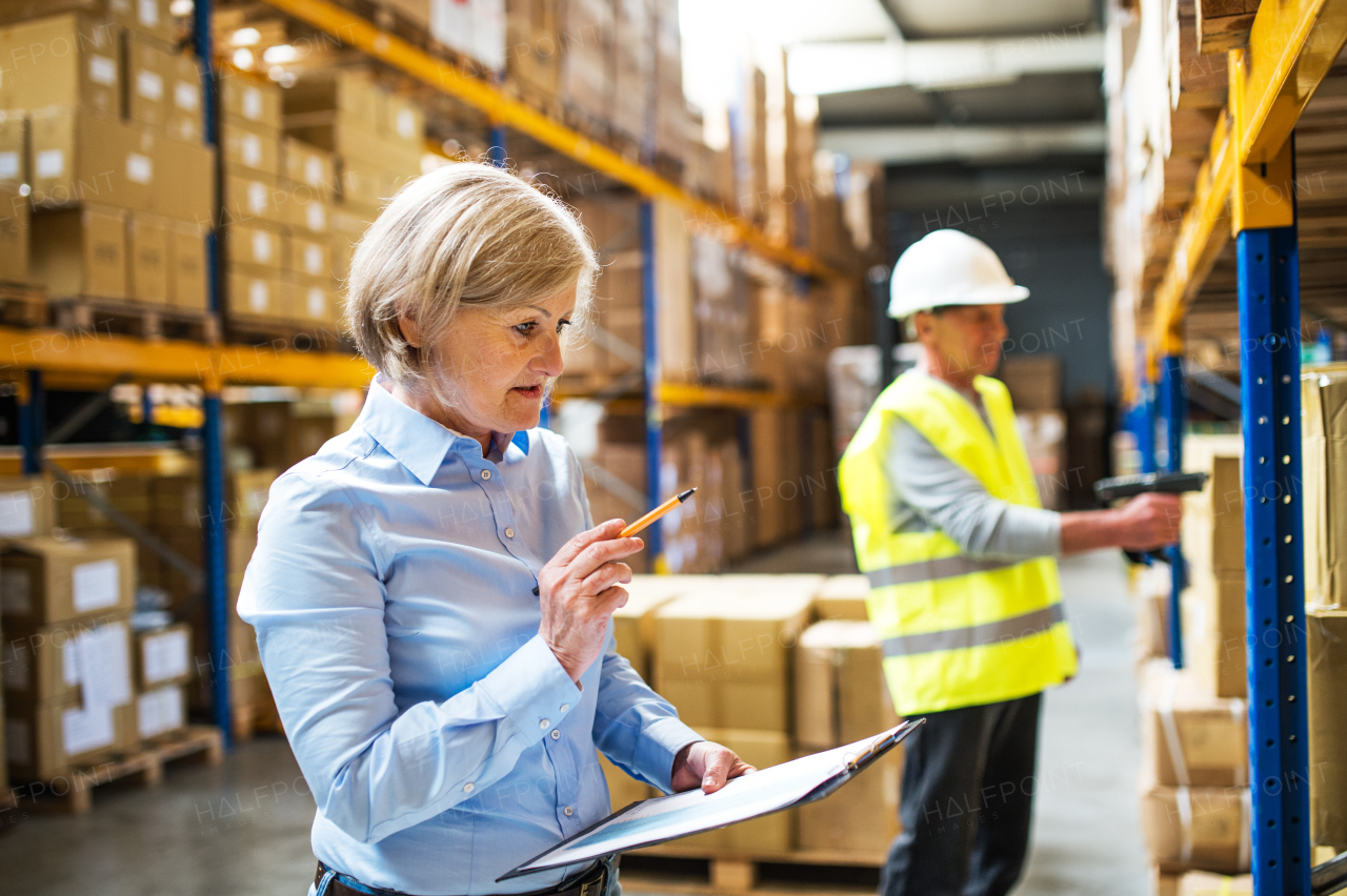 Senior woman manager and a man worker working together in a warehouse.