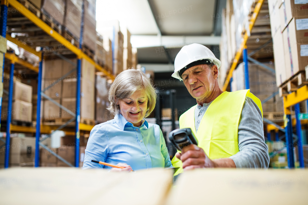 Senior woman manager and a man worker with barcode scanner working together in a warehouse.