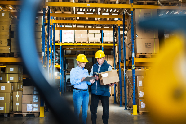 Senior woman manager with tablet and a man worker with a barcode scanner working together in a warehouse.