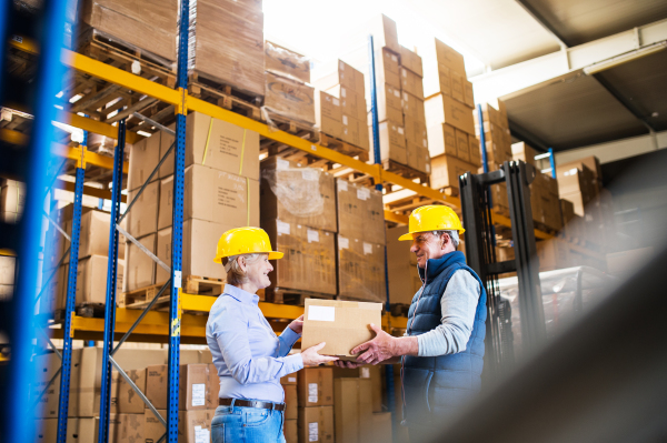 Senior man and woman managers or supervisors working together in a warehouse.