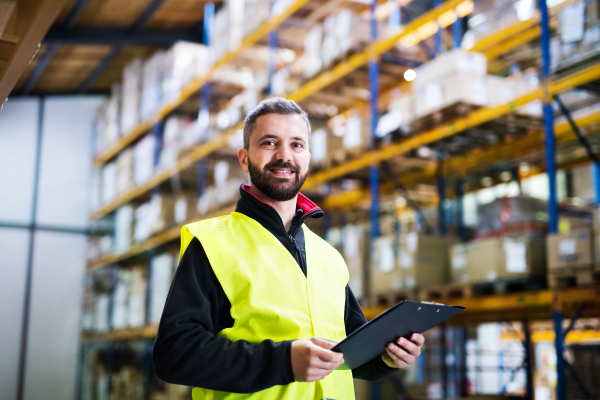 Portrait of a young male warehouse worker with clipboard.