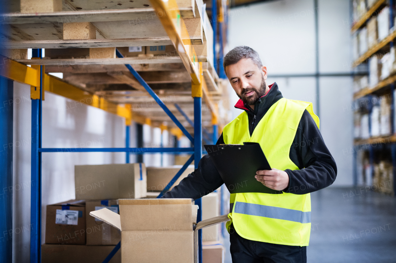 Young male warehouse worker with clipboard controlling stock.