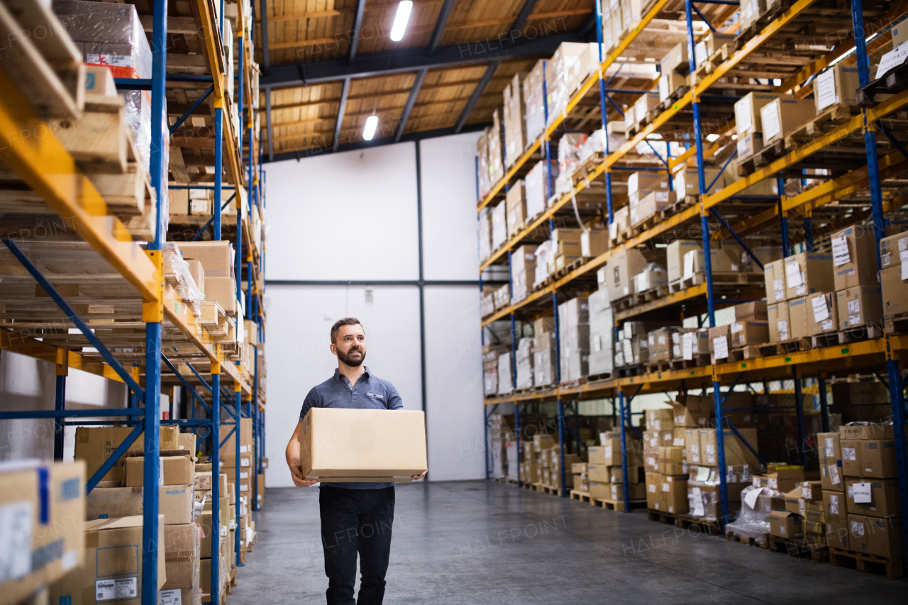 Young male warehouse worker or a supervisor walking with a large box.