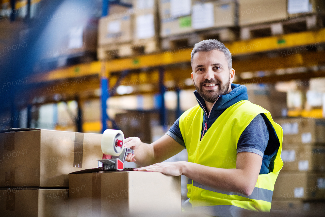 Male warehouse worker sealing cardboard boxes, smiling.