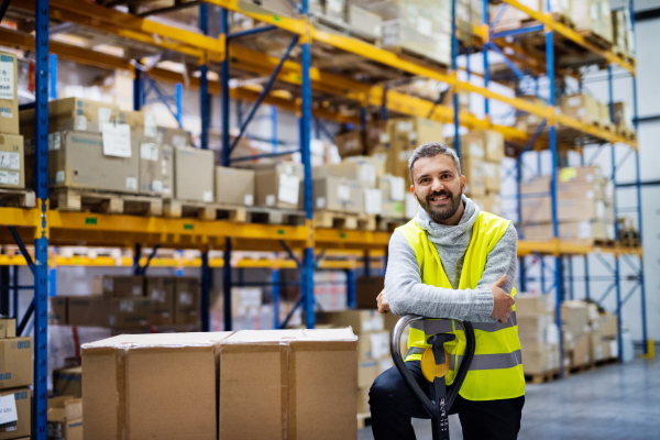 Young male warehouse worker standing by a pallet truck.