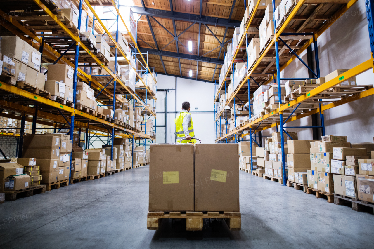 Young male warehouse worker pulling a pallet truck with boxes.