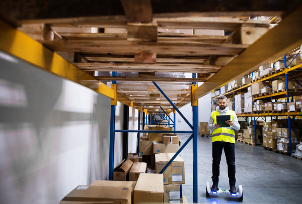 Male warehouse worker on hoverboard with clipboard.