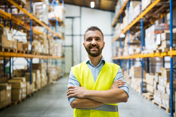 Portrait of a male warehouse worker, arms crossed.