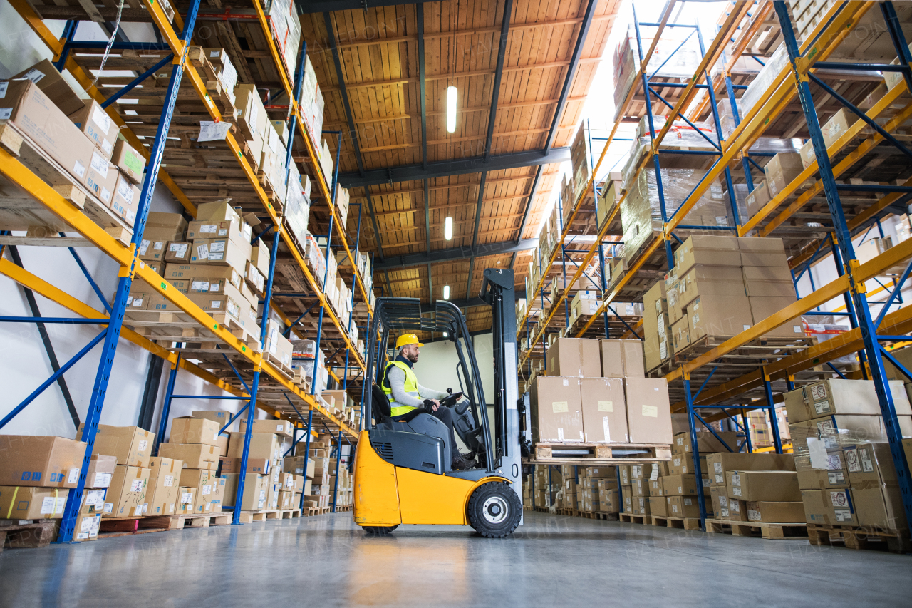 Man forklift driver working in a warehouse.