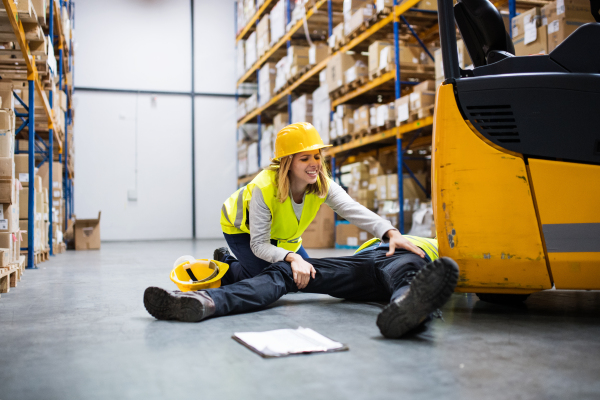 An accident in a warehouse. Woman helping her injured colleague. A man lying on the floor next to a forklift.