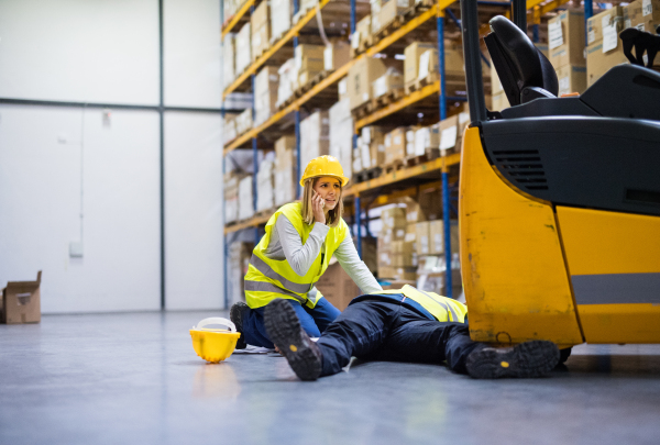 An accident in a warehouse. Woman with smartphone and her colleague lying on the floor next to a forklift.