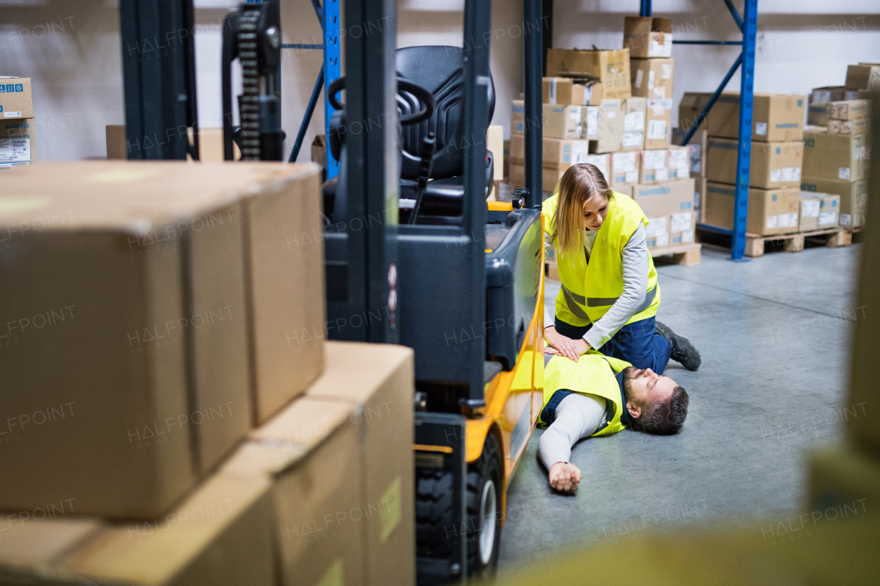 An accident in a warehouse. Woman performing cardiopulmonary resuscitation.