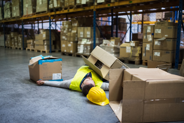 An accident in a warehouse. Man lying on the floor among boxes, unconscious.