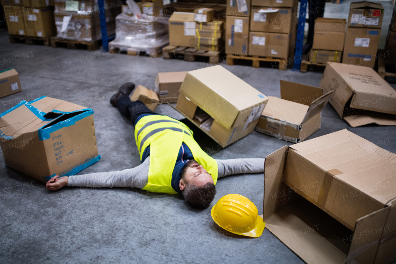 An accident in a warehouse. Man lying on the floor among boxes, unconscious.