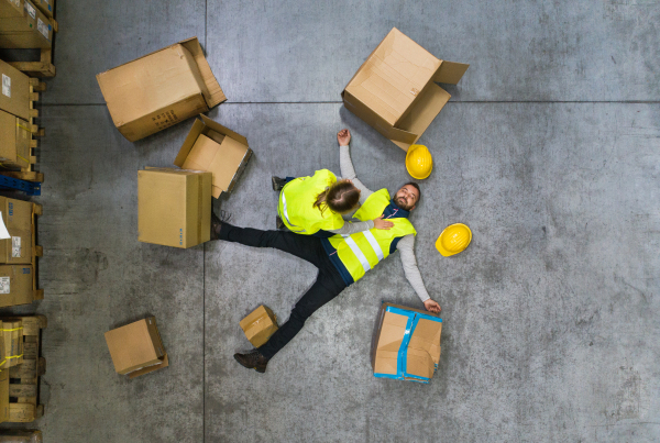 An accident in a warehouse. Man lying on the floor among boxes, unconscious. A woman helping her colleague. Top view.