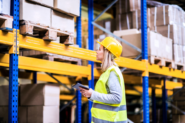 Young woman warehouse worker with tablet. A supervisor controlling stock.