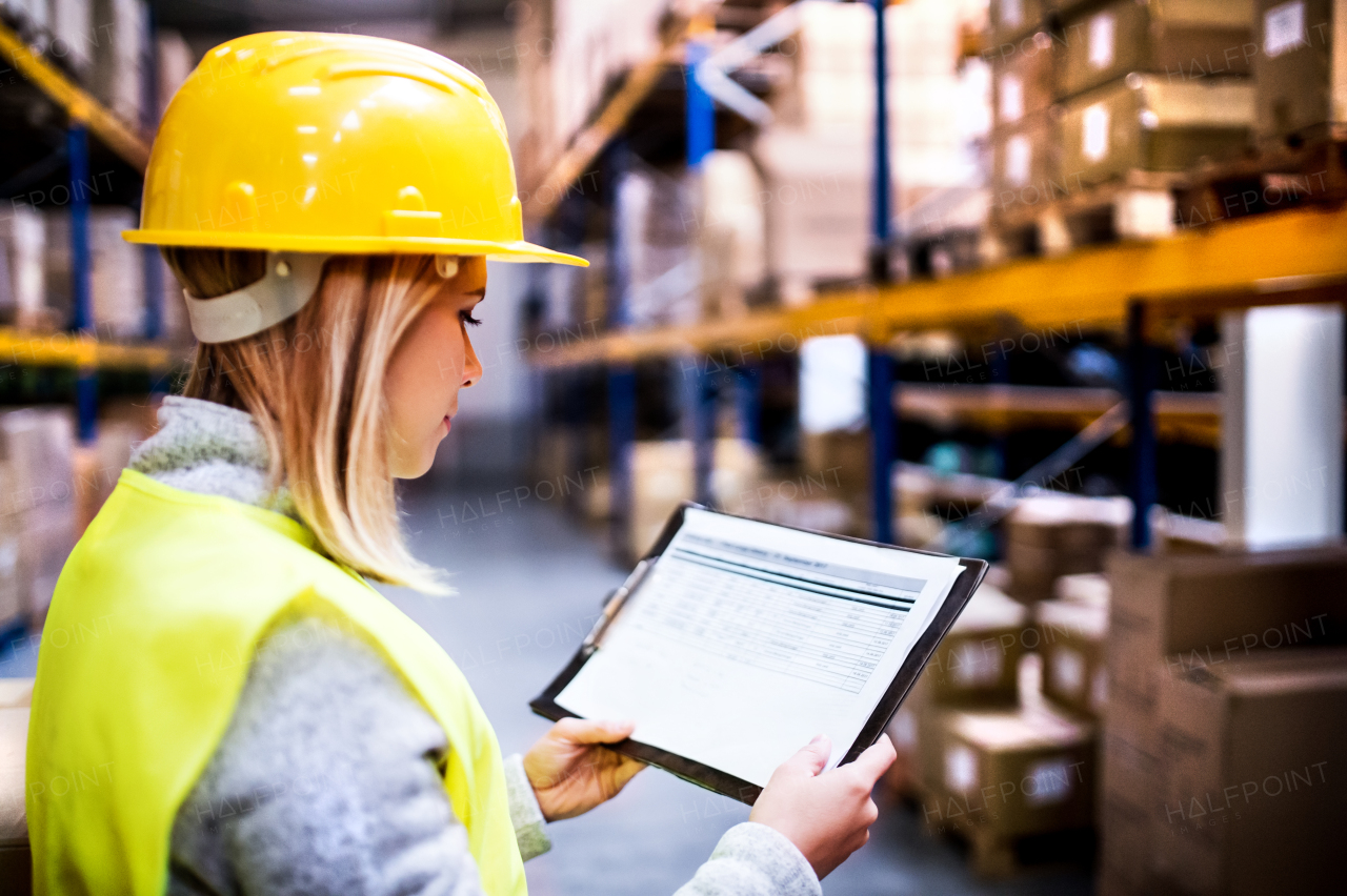 Young woman warehouse worker or a supervisor controlling stock.