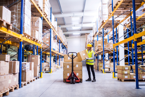 Young female warehouse worker loading up a pallet truck with boxes. A woman unloading boxes.