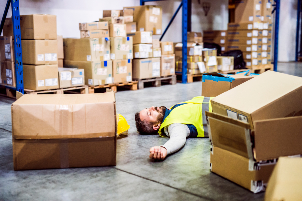 An accident in a warehouse. Man lying on the floor among boxes, unconscious.