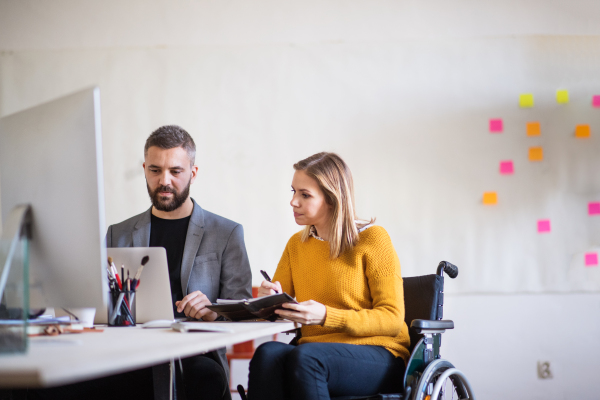 Two business people in the office working together. A man and woman in a wheelchair consulting a project.