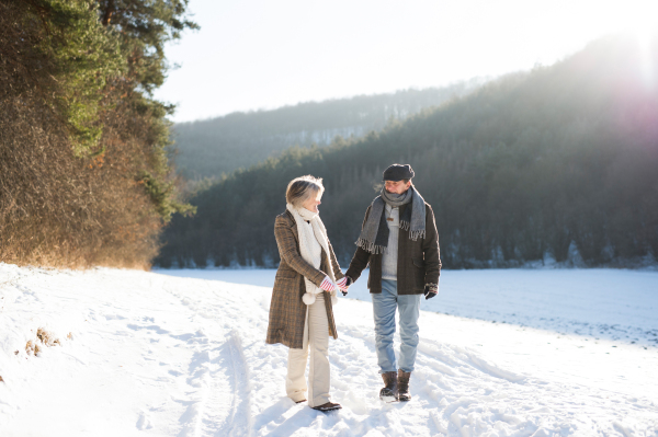 Beautiful senior woman and man on a walk in sunny winter nature.