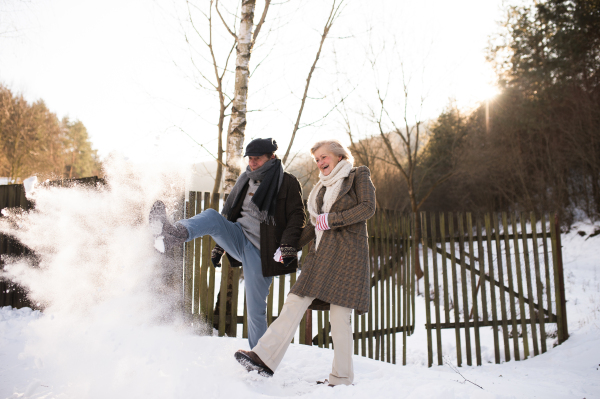 Beautiful senior woman and man on a walk in sunny winter nature, kicking snow.