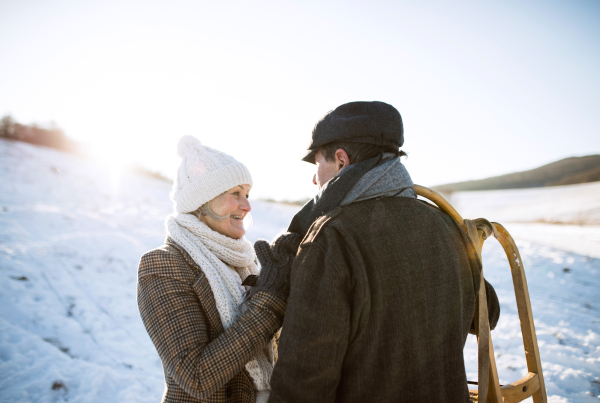 Beautiful senior woman and man carrying sled, having fun in sunny winter nature.