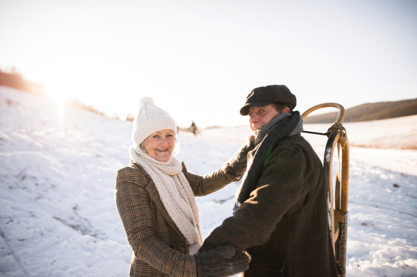 Beautiful senior woman and man carrying sled, having fun in sunny winter nature.