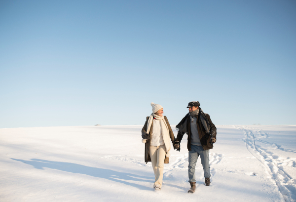 Beautiful senior woman and man on a walk in sunny winter nature, holding hands.