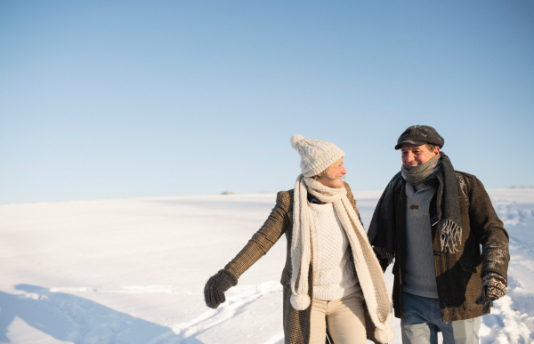 Beautiful senior woman and man on a walk in sunny winter nature, holding hands.