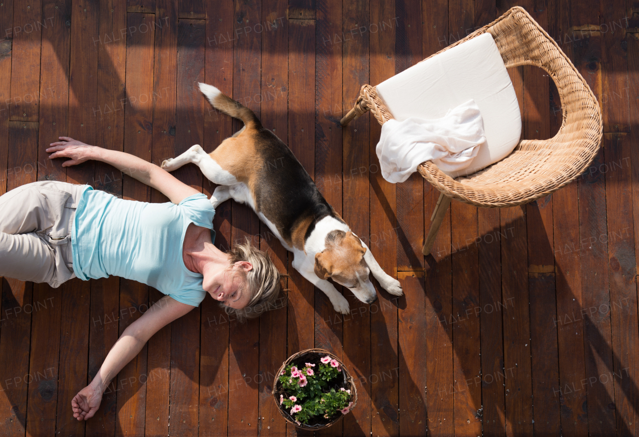 Beautiful senior woman with her dog at home, lying on wooden terrace, relaxing