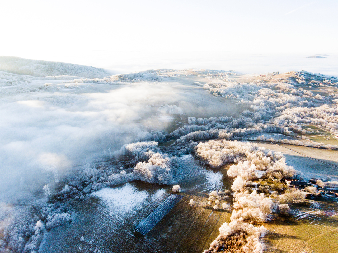 Aerial view of countryside in winter. Trees, villages, forest covered in snow.