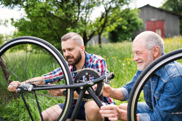 An adult hipster son and senior father repairing bicycle outside on a sunny summer day.