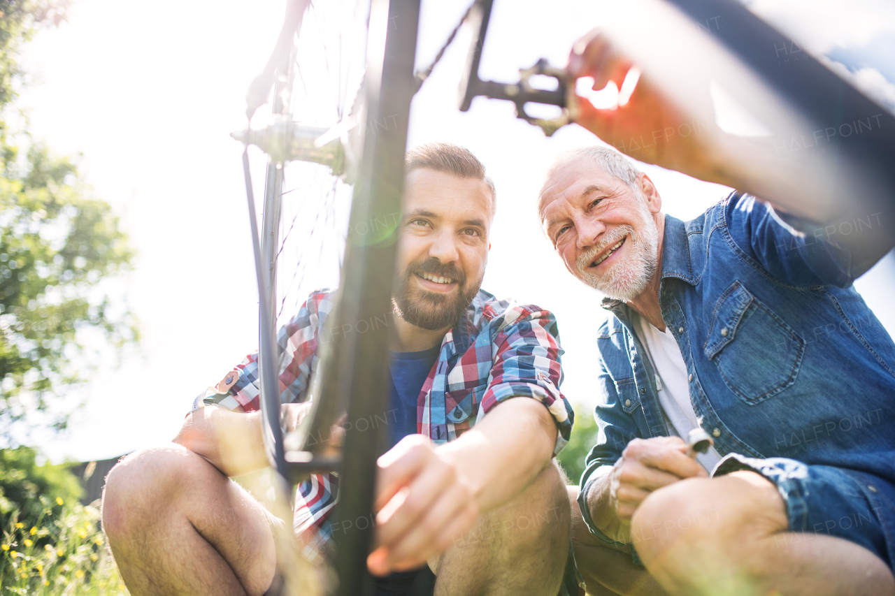 An adult hipster son and senior father repairing bicycle outside on a sunny summer day.