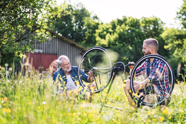 An adult hipster son and senior father repairing bicycle outside on a sunny summer day.