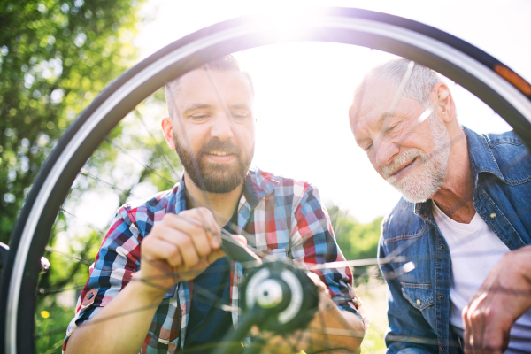 An adult hipster son and senior father repairing bicycle outside on a sunny summer day.