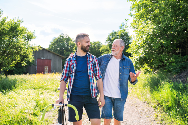 An adult hipster son with bicycle and senior father walking on a road in sunny nature. Copy space.