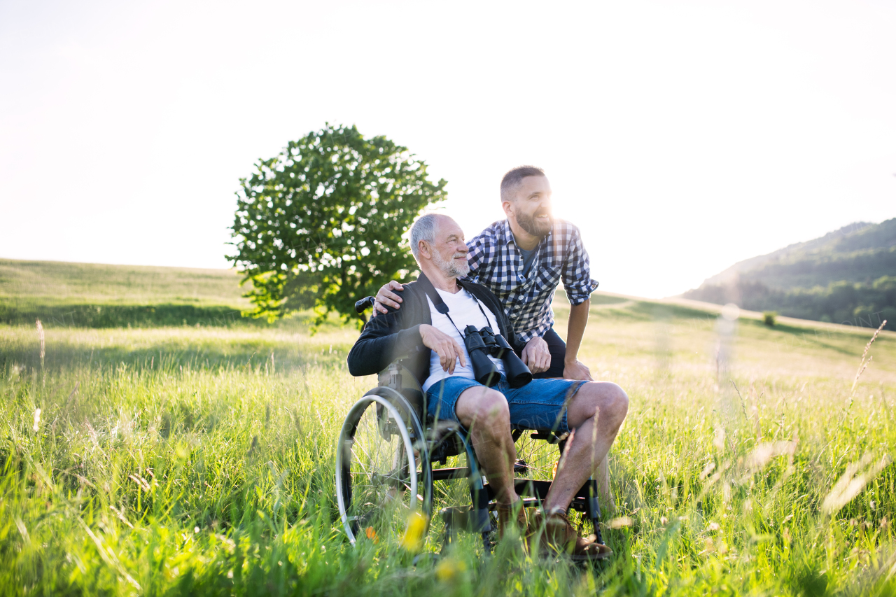 An adult hipster son with his senior father in wheelchair on a walk on a meadow in nature at sunset.