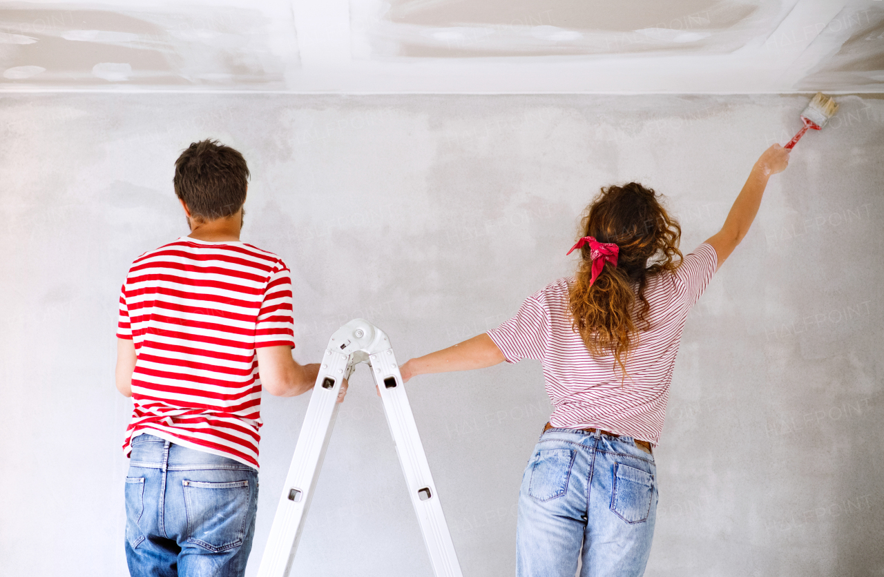 Beautiful young couple standing on ladder painting walls in their new house using paint brushes, rear view. Home makeover and renovation concept.