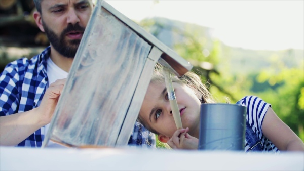 Mature father with a small daughter outside, painting. Wooden birdhouse or bird feeder making. Slow motion.