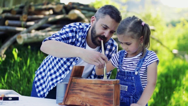 Mature father with a small daughter outside, painting. Wooden birdhouse or bird feeder making. Slow motion.